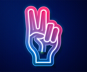 Fototapeta na wymiar Glowing neon line Hand showing two finger icon isolated on blue background. Hand gesture V sign for victory or peace. Vector