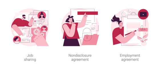 Obraz premium Working terms abstract concept vector illustration set. Job sharing, nondisclosure agreement, employment agreement, part time job, confidential information, financial relations abstract metaphor.