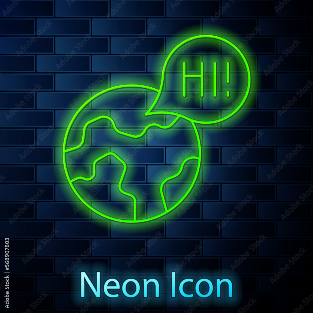 Poster glowing neon line learning foreign languages icon isolated on brick wall background. translation, la