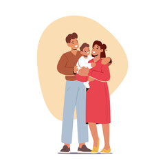Happy Family Characters Parents Holding Child on Hands, Smiling Baby Dressed In Cute Outfits. Family Exudes Love
