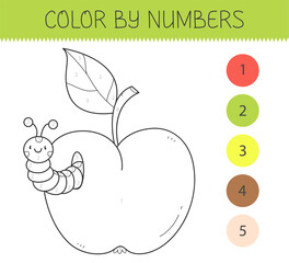 Color by numbers coloring book for kids with an apple and caterpillar. Coloring page with cute cartoon apple with worm. Monochrome black and white. Vector illustration.