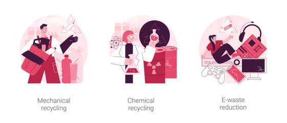Industrial waste management abstract concept vector illustration set. Mechanical and chemical recycling, e-waste reduction, processing for reuse, trash disposal and utilization abstract metaphor.