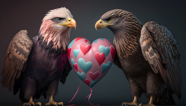 couple of eagles in love kissing, with a heart-shaped balloon on valentine's day, 3d render digital illustration