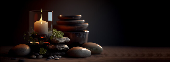 Fototapeta na wymiar Black massage stone heap and candle, wellness spa concept banner with copy space. Generative AI