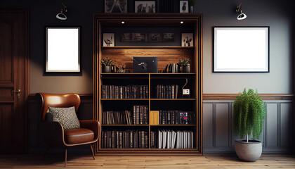 Double mockup frame, one horizontal one vertical frame, classic style living room home interior with bookshelf. Generative AI 3D render