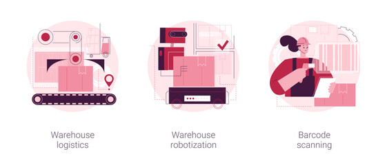 Storage automation abstract concept vector illustration set. Warehouse logistics and robotization, barcode scanning, package receiving and order-picking, sorting and shipping abstract metaphor.