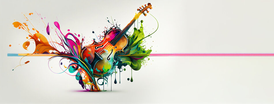 Violin stringed musical instrument colorful splash illustration on white background, horizontal banner with copy space. Generative AI