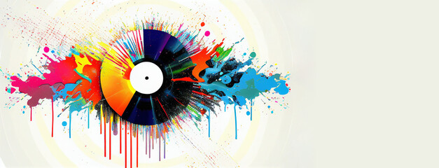 Vinyl record colorful splash art illustration, horizontal banner white background with copy space. Generative AI