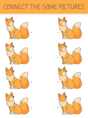 Obraz premium Connect the same pictures game with a cute cartoon fox. Children's game with a fox. Vector illustration.
