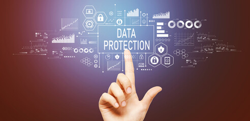 Data protection theme with hand pressing a button on a technology screen