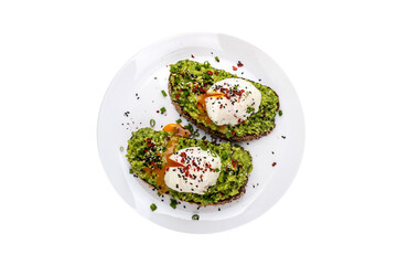 Poached eggs with avocado guacomole on brown bread with sesame seeds healthy breakfast on a isolated png background