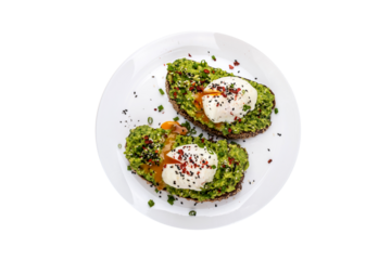 Poached eggs with avocado guacomole on brown bread with sesame seeds healthy breakfast on a isolated png background