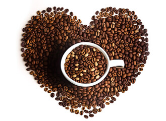 Naklejka premium White Cup of Coffee Beans in Heart Shape Made from Coffee Beans - Post-processed Generative AI