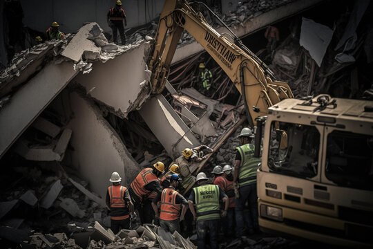 excavator and people sorting out the rubble after the earthquake rocket strike explosion