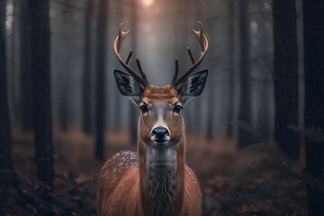 A deer with big horns is standing in the middle of the forest, it's snowing