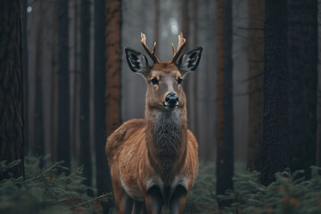 A deer with big horns is standing in the middle of the forest, it's snowing