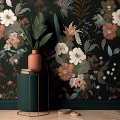 a cozy boho wallpaper design and interior decor featuring muted boho florals with muted greens and rust, AI assisted finalized in Photoshop by me