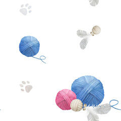 Seamless watercolor pattern with pastel paw prints, pets' toys and clews on white background