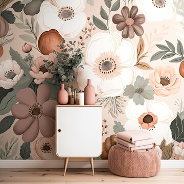 A Cozy Boho Mockup Interior Design Featuring Muted Boho Florals With Muted Blush Pink And Rust, AI Assisted Finalized In Photoshop By Me