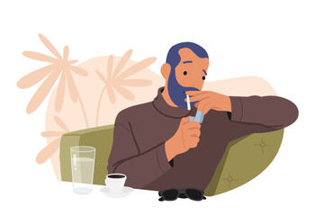 Man Smoking Cigarette, Inhaling Smoke Leisurely With Confident, Content Expression On Face. Male Character Illustration