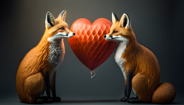 Couples Of Foxes In Love With A Heart On Valentine's Day