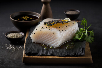 Fresh Halibut steak on a wooden board with sesame seeds and slices of lemon