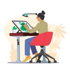 Creative Woman Graphic Designer Sitting At Desk Making Sketch On Tablet At Workplace. Young Female Create Design