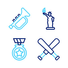 Set line Crossed baseball bat, Medal with star, Statue of Liberty and Trumpet icon. Vector