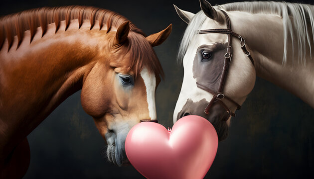 couple of horses in love kissing, with a heart-shaped balloon on valentine's day, 3d render digital illustration