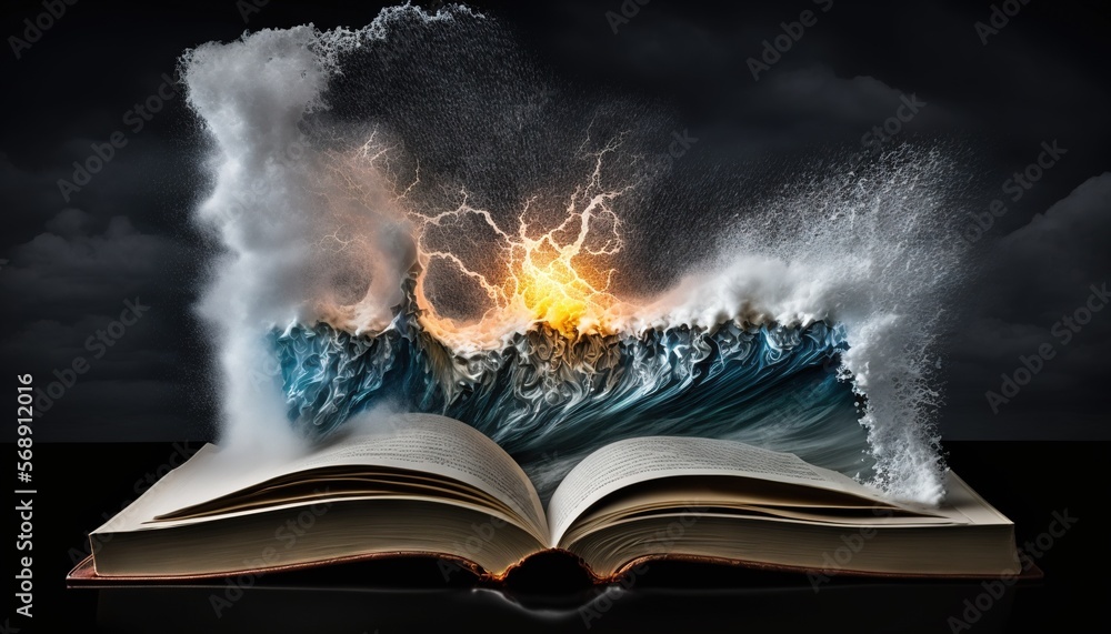 Poster an open book with a picture of a volcano erupting out of it, surrounded by a dark background the boo