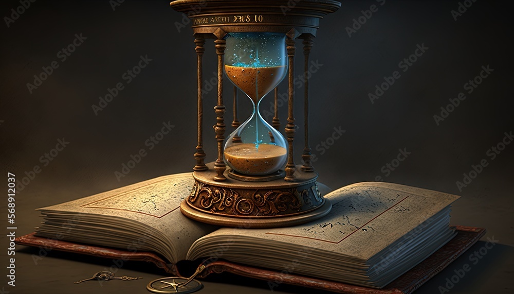 Poster an open book with an hourglass on top of it next to an open book with an hourglass on top of it and 