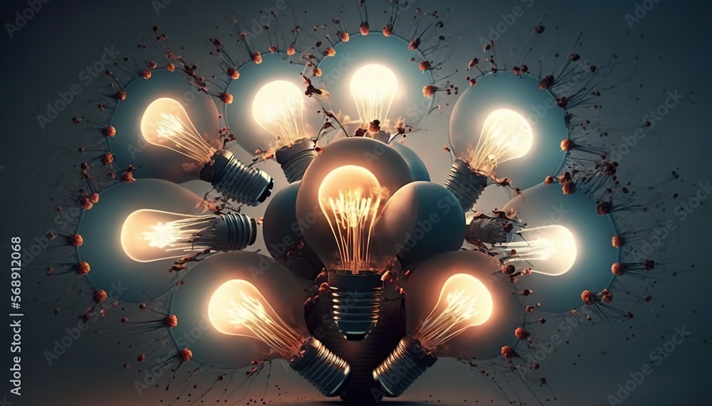 Poster a bunch of light bulbs that are in the shape of a tree on a dark background with a splash of paint o
