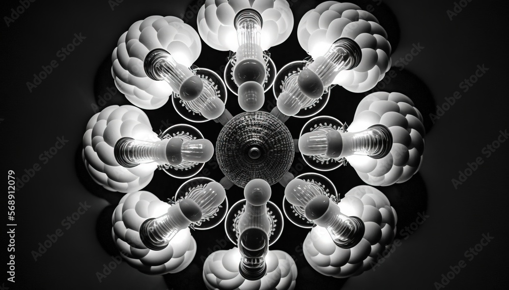 Poster a black and white photo of a light fixture with many lights on it's sides and a circular design on t