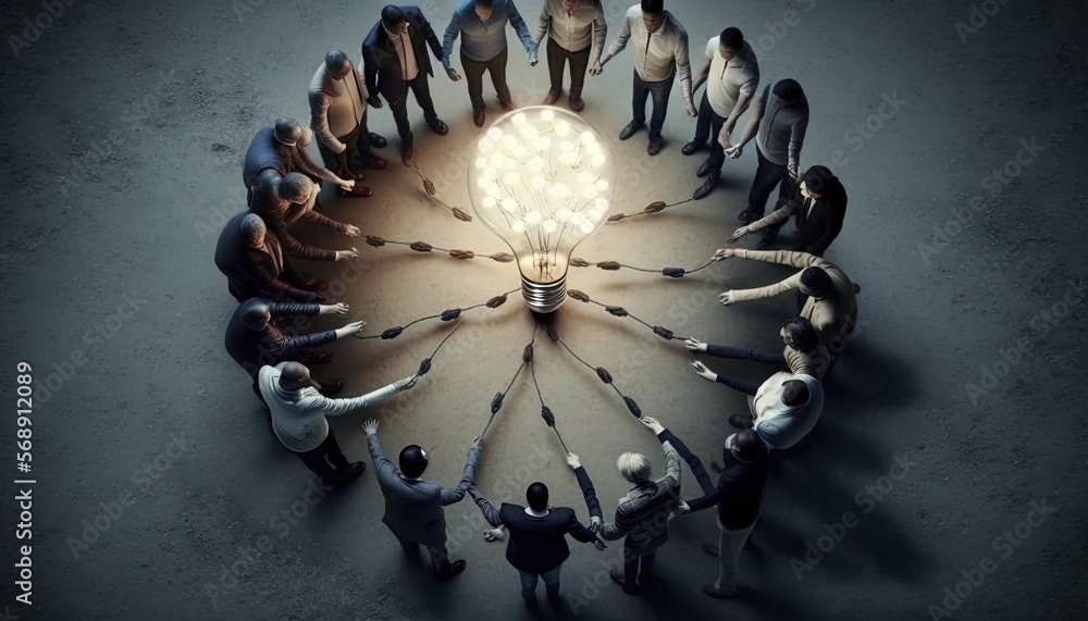 Poster a group of people standing in a circle with a light bulb in the middle of them, all facing the same 