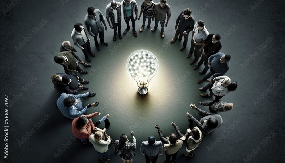 Poster a group of people standing in a circle with a light bulb in the middle of the circle on a dark backg