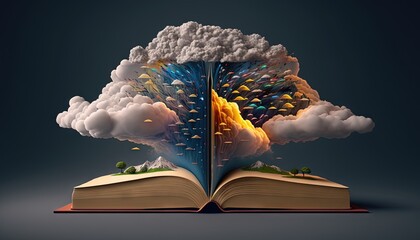  an open book with a cloud of smoke coming out of the pages of the book, on a dark background, with a blue sky and white background.  generative ai