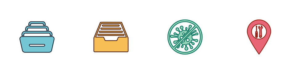 Set Drawer with documents, , Stop virus, bacteria and Location service icon. Vector
