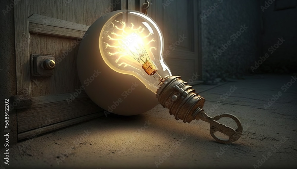 Poster a light bulb that has been turned on to a doorknob with a key hanging from it's side and a light bul