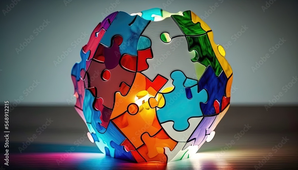 Poster a multicolored piece of puzzle sitting on a table with a light shining on it's side and a shadow on 