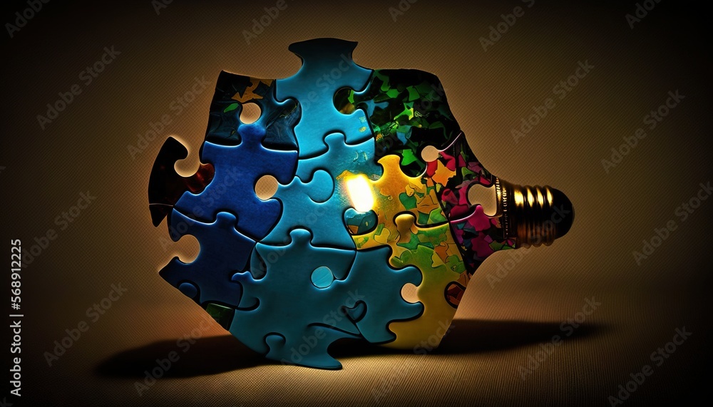 Poster a colorful light bulb shaped like a puzzle piece with a lit candle in the middle of the puzzle piece