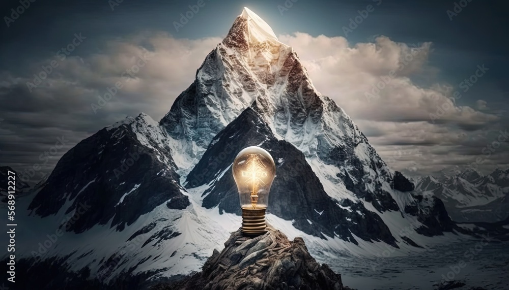 Poster a light bulb sitting on top of a mountain with a sky in the background and clouds in the sky above i
