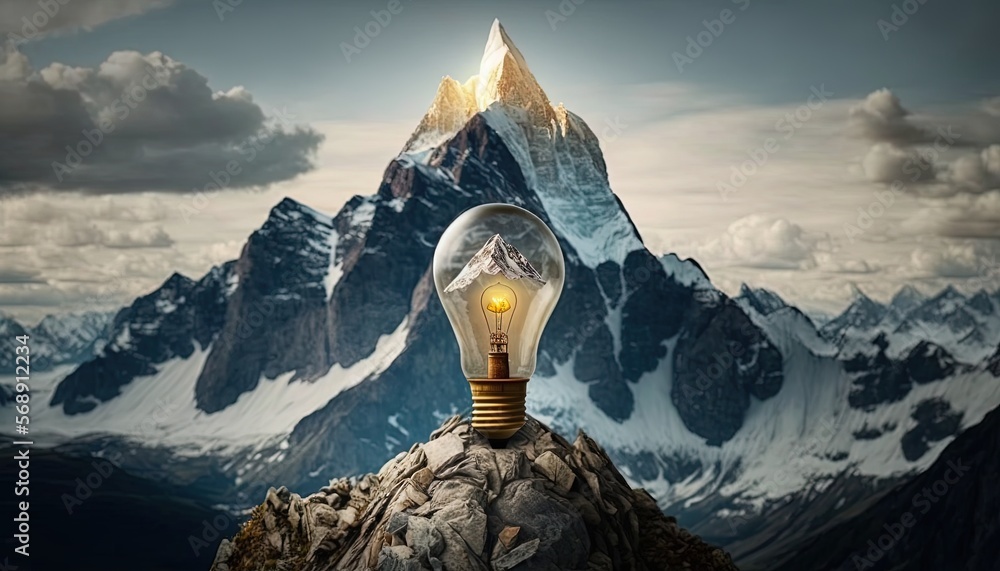 Poster a light bulb sitting on top of a rock with a mountain in the background and clouds in the sky above 