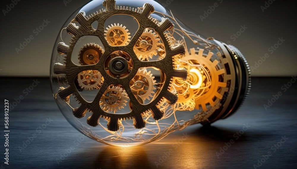 Poster a light bulb with gears inside of it on a wooden table with a black background and a light bulb with