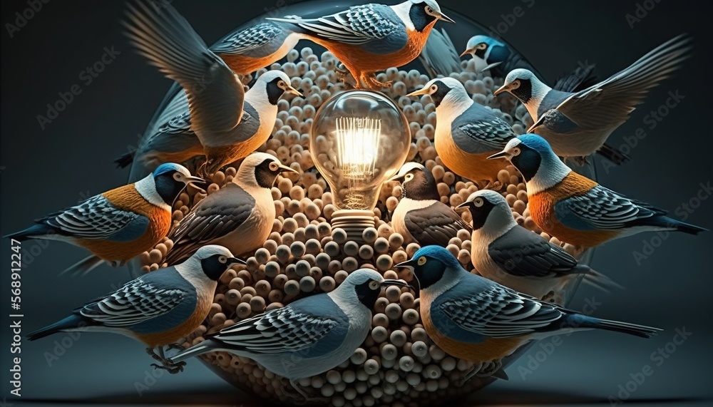 Poster a group of birds sitting on top of a bird feeder with a light bulb in the middle of it's head and a 