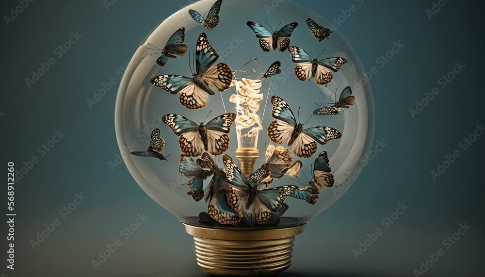 Poster a light bulb with a bunch of butterflies inside of it on a blue background with a light bulb in the 