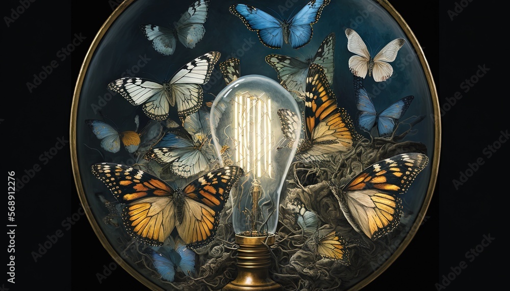 Poster a painting of a light bulb surrounded by butterflies on a black background with a black background a