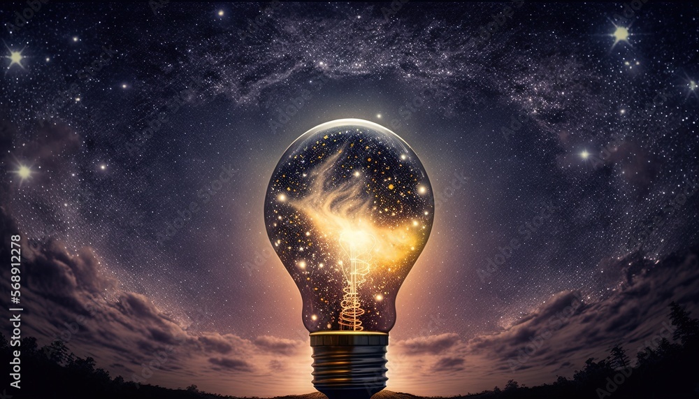 Poster a light bulb with a picture of a star inside of it in the middle of a night sky with stars and a ful