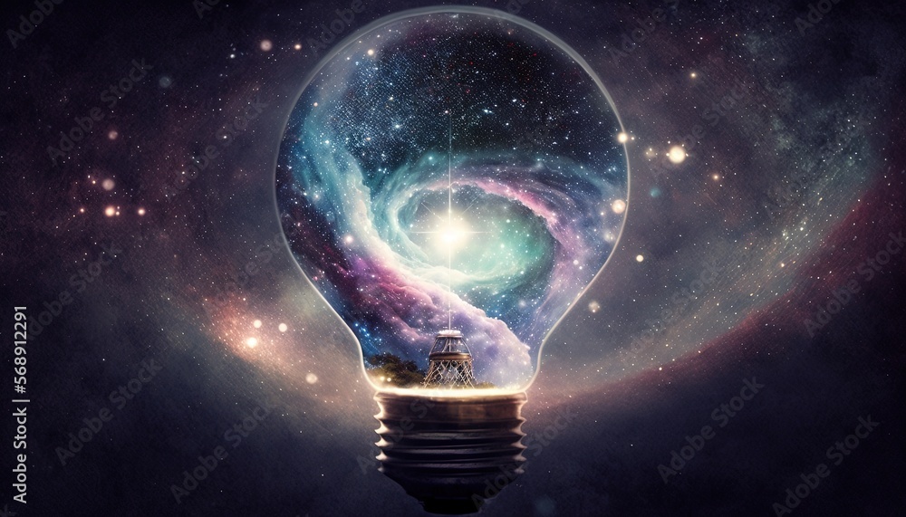Poster a light bulb with a picture of a person inside of it in the middle of a galaxy filled with stars and