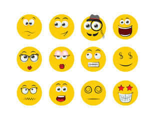Round abstract comic Faces with various Emotions. Cartoon drawing style. Different colorful characters, Flat design. Hand drawn trendy Vector illustration.