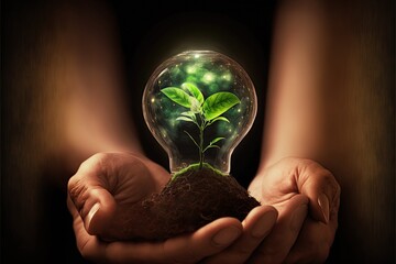 human hand is grasping a light bulb with a young plant inside, alluding to green energy and sustainability. This is a representation of ecological behavior to fight global warming. and protect earth - 568912259